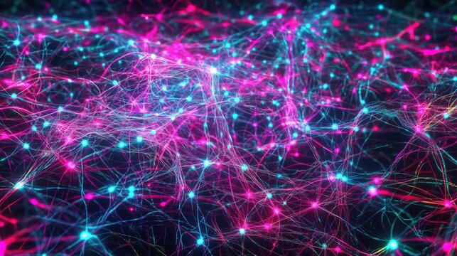 Abstract network of glowing neon pink, blue lines. Futuristic, holographic, cyber style. Digital art, creative banner, 2000s aesthetic.