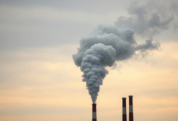 Dark plume of industrial smoke billows against a grey, overcast sky, bleak, atmospheric pollution
