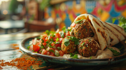 Middle Eastern falafel wrap with hummus and tahini, vibrant street mural in background, city food scene.
