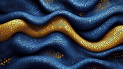 Fototapeta premium Abstract wavy fabric, blue and gold, dotted pattern