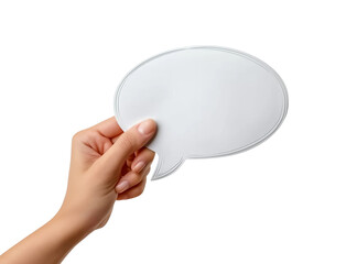 Hand holding an empty speech bubble on transparent background