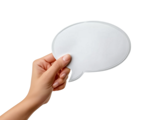 Hand holding an empty speech bubble on transparent background