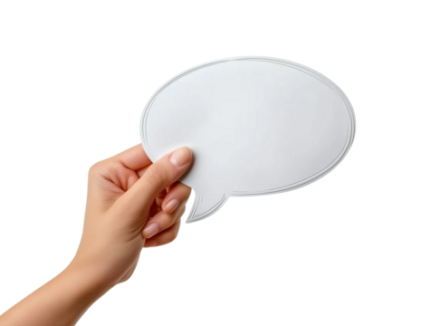 Hand holding an empty speech bubble on transparent background