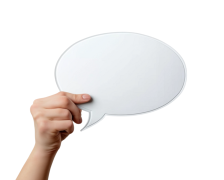 Hand holding an empty speech bubble on transparent background - Powered by Adobe