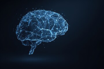 Low poly brain or Artificial intelligence concept. Symbol of Wisdom point. Abstract vector image of a human Brine. Low Polygonal wireframe blue illustration on dark background. Lines and dots