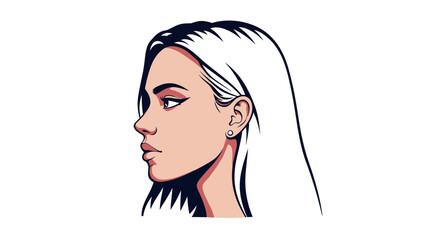 A stylized illustration of a woman's profile with long, straight white and black hair and subtle makeup.