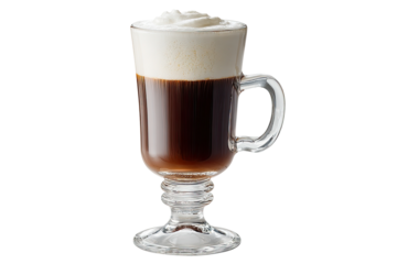 A glass Irish coffee in a footed glass mug.  A rich, dark brown coffee, topped with a layer of thick, white whipped cream