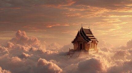 Obraz premium A serene Buddhist temple floating among the clouds at sunrise, glowing softly in golden light, representing transcendence through faith, photorealistic, uncluttered sky