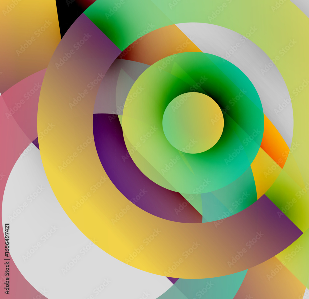 Poster abstract colorful circles overlap, creating dynamic visual effect. gradient hues blend, forming swir