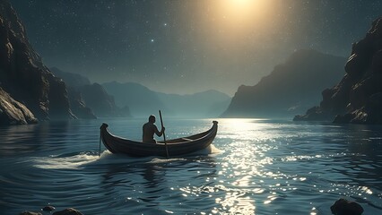 Fototapeta premium Primitive stone boat drifting on an ancient shimmering river beneath a star-filled night sky.