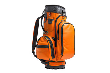 Orange golf bag with black accents.  Features multiple pockets and straps.  Solid, durable design