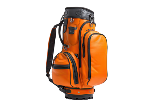 Orange golf bag with black accents.  Features multiple pockets and straps.  Solid, durable design