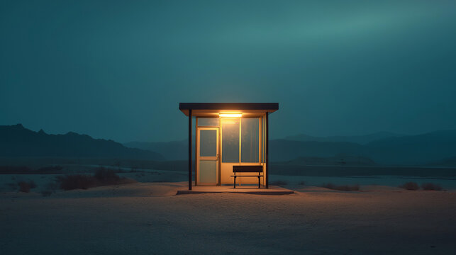 An optimized visual concept for editorial use peaceful evening solace: tranquil countryside symphony - sunset bathes coastline in golden light, rustic building embraces twilight, lantern glows on.