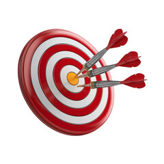 3D red and white target with three darts hitting the center