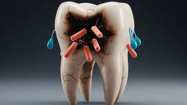 A 3D animation of a tooth with cavities and bacteria, showing dental problems
