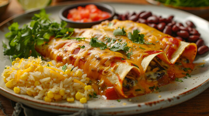 New Mexico green chile enchiladas with cheese bubbling on top, corn tortillas, beans and rice on a vibrant southwestern plate.