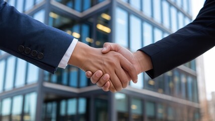 Business partners shaking hands in front of a modern glass office building