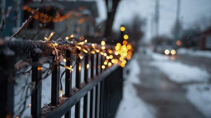 String lights glowing on a snowy fence during winter evening   - Powered by Adobe