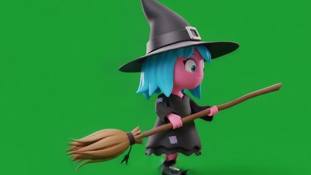 Another view of a cute, animated witch flying on a broomstick