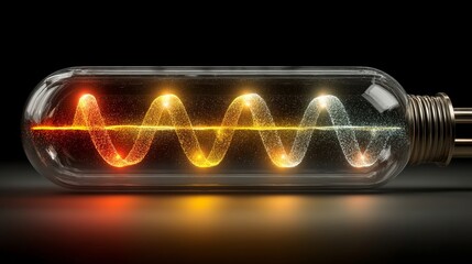 A transparent glass bulb with visible filament structure features an illuminated multi colored sine wave representing AC
