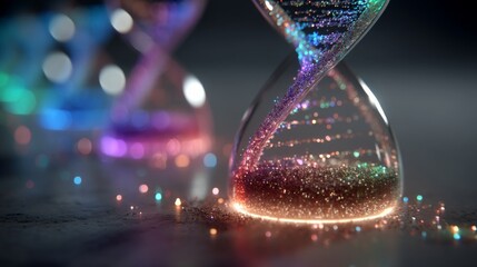 An hourglass with vibrant pink, blue, purple, and orange star-like particles inside,