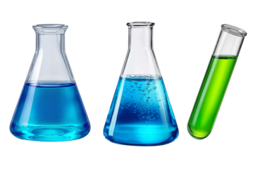 laboratory flask with blue liquid on transparent background