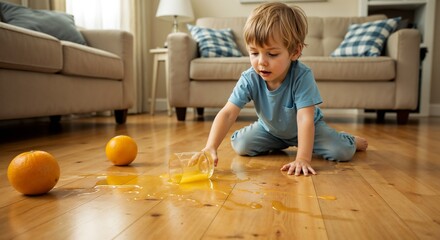 Young child cleaning orange juice spill on wooden floor indoors  