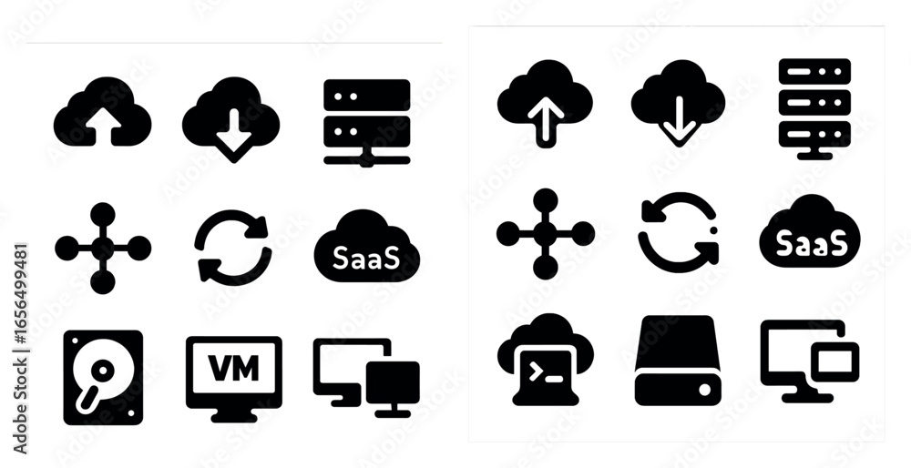Aufkleber cloud computing solid icons set – data, server, and network symbols in filled style