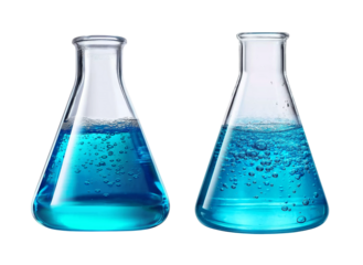 laboratory flask with blue liquid on transparent background