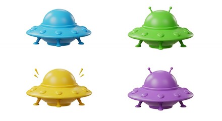 Four colorful cartoon flying saucers isolated background