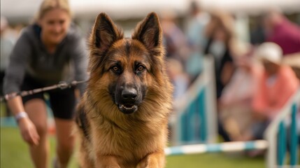 Trainer gently guiding a large dog through agility course leash and obstacle sharp in focus while surrounding audience softly blurred.