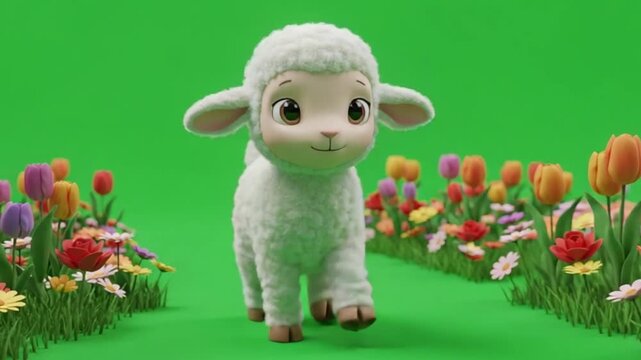 A cute, animated lamb character standing in a field of flowers