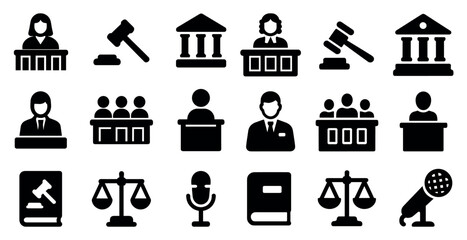 Courtroom and justice icons set – solid, filled, law and legal symbols
