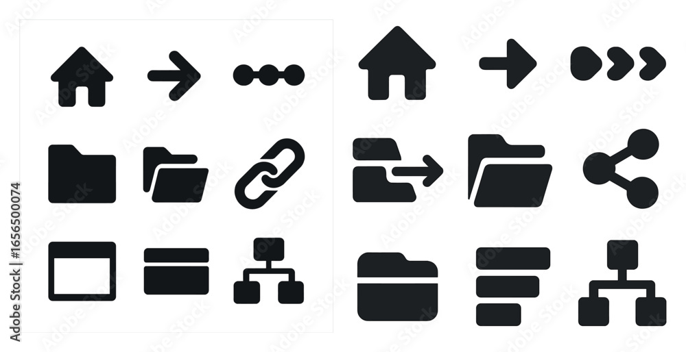 Poster file and navigation solid icons set – link, folder, digital organization symbols