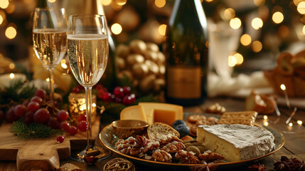 New Yeara??s Eve party spread with champagne, finger foods, cheese platter, and gold-themed table setup.