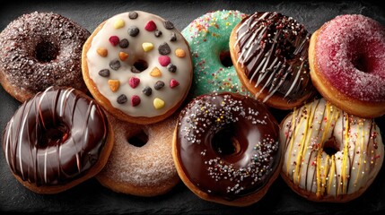 Assorted donuts in various colors and toppings on a dark stone surface