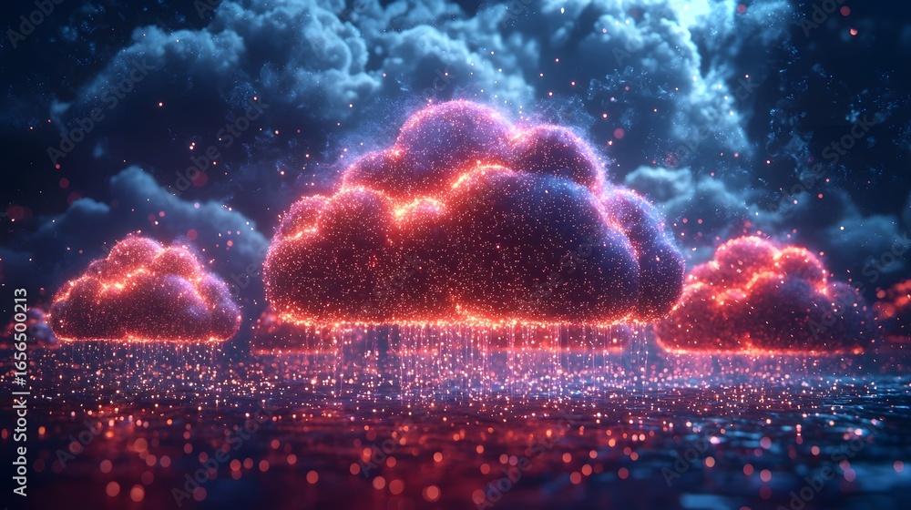 Poster futuristic cloud computing network with glowing data particles