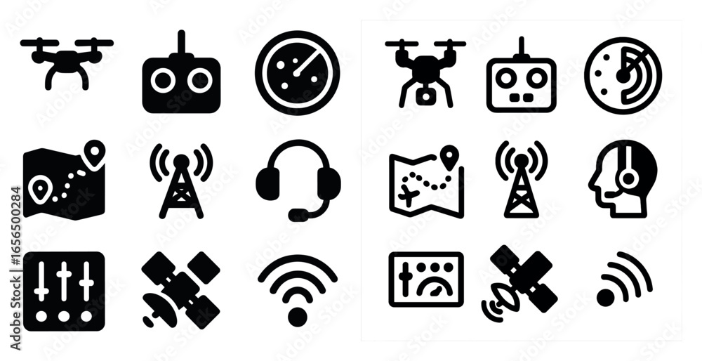 Poster drone and navigation solid icons set – filled, aerial, mapping symbols