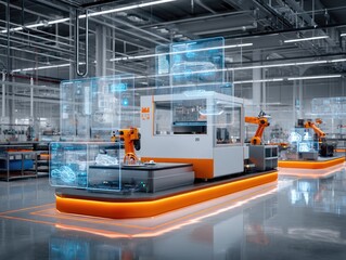 Futuristic factory floor with robotic arms, digital overlays, and advanced automation