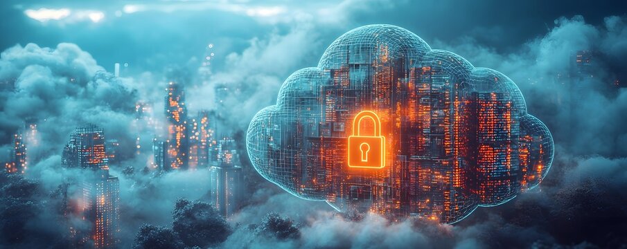 Futuristic data cloud with security lock symbol - Powered by Adobe