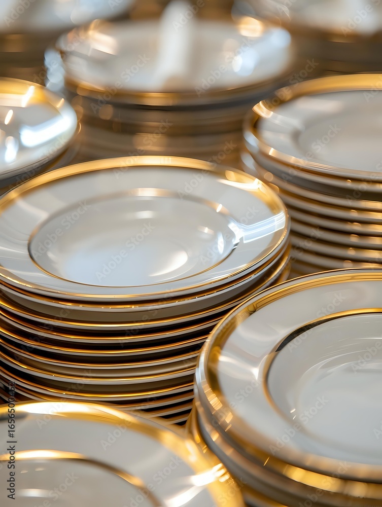 Poster elegant white porcelain plates with gold trim stacked in multiple piles, creating a luxurious table 