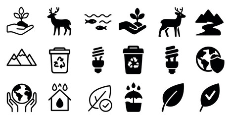 Fototapeta premium Nature and environment solid icons set – silhouette, eco, sustainability symbols