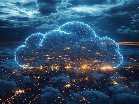 A futuristic cloud network over a glowing cityscape