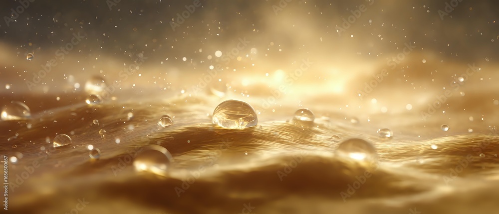 Poster macro water drops on golden surface with dramatic lighting and bokeh effect create atmospheric natur