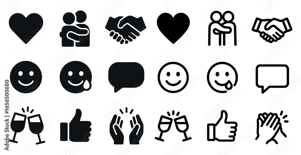 Poster communication and interaction icons set – solid, filled, chat and connection symbols