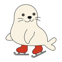 Playful cartoon seal wearing red ice skates. Fun winter holiday clipart for Christmas designs, prints, and festive projects.