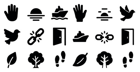 Communication and connection solid icons set – filled, silhouette, interaction symbols