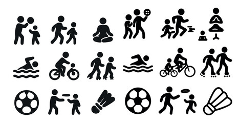 Sports and fitness icons set – silhouette, solid, recreation and exercise symbols