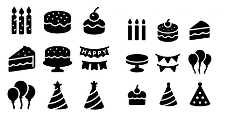 Celebration silhouette icons set – party, festive, holiday decorations symbols