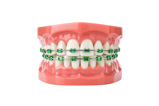 Close-up of person's smile showing green braces on upper front teeth, isolated on a transparent background